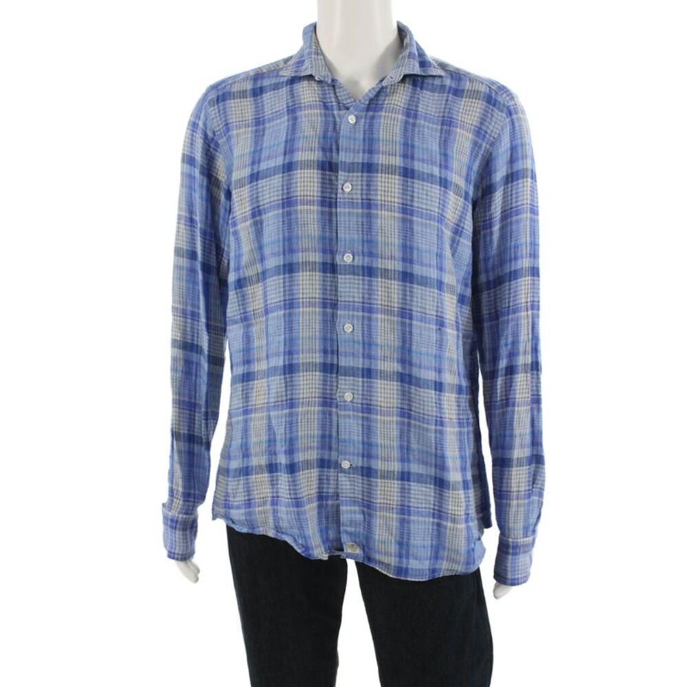 Sonrisa Mens Button Front Collared Plaid Linen Shirt Blue White Size Large